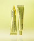 Two skincare products, a tube and a dropper, with 'Avencia' branding on a yellow background.