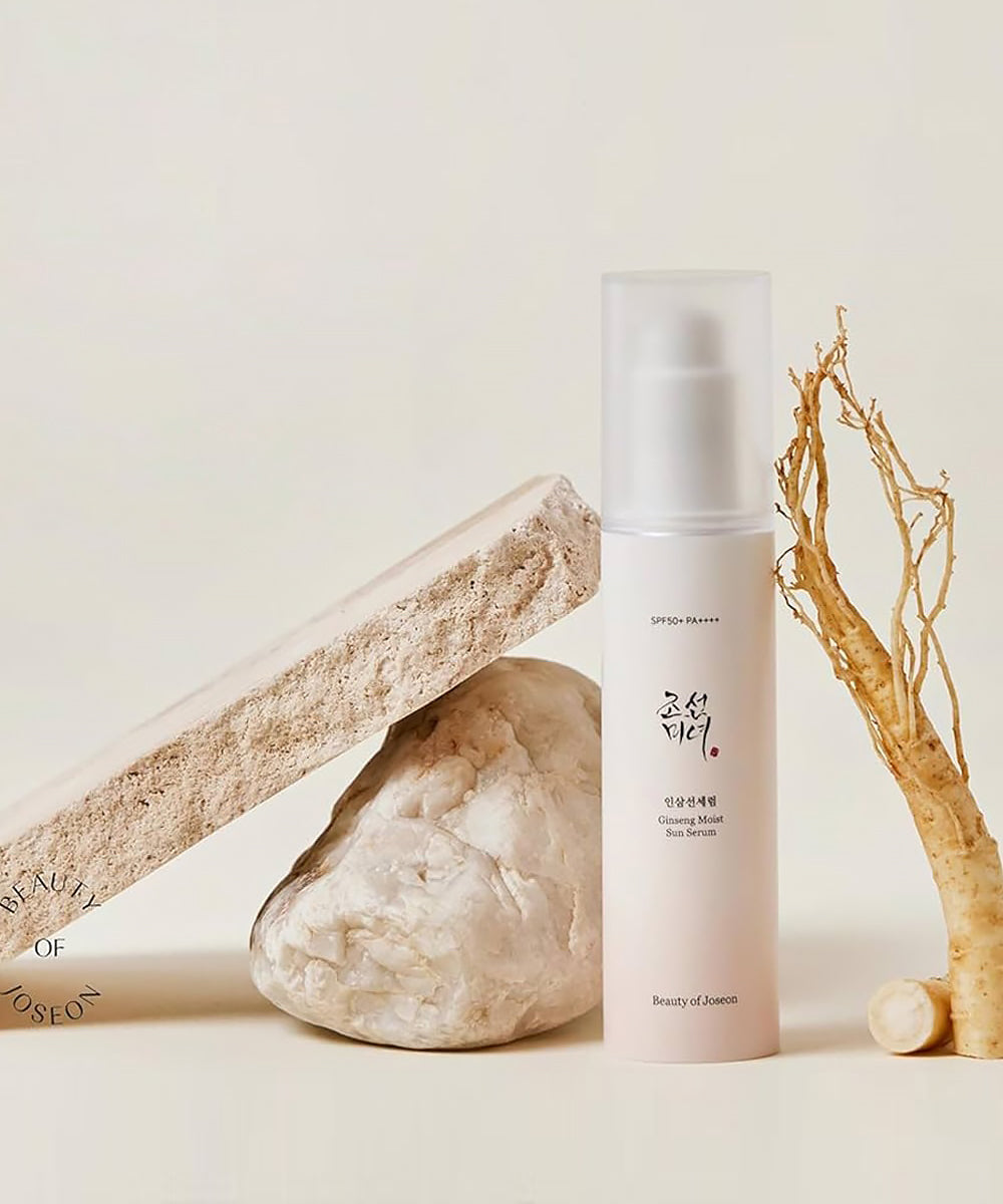 Skincare bottle with natural elements on a light background