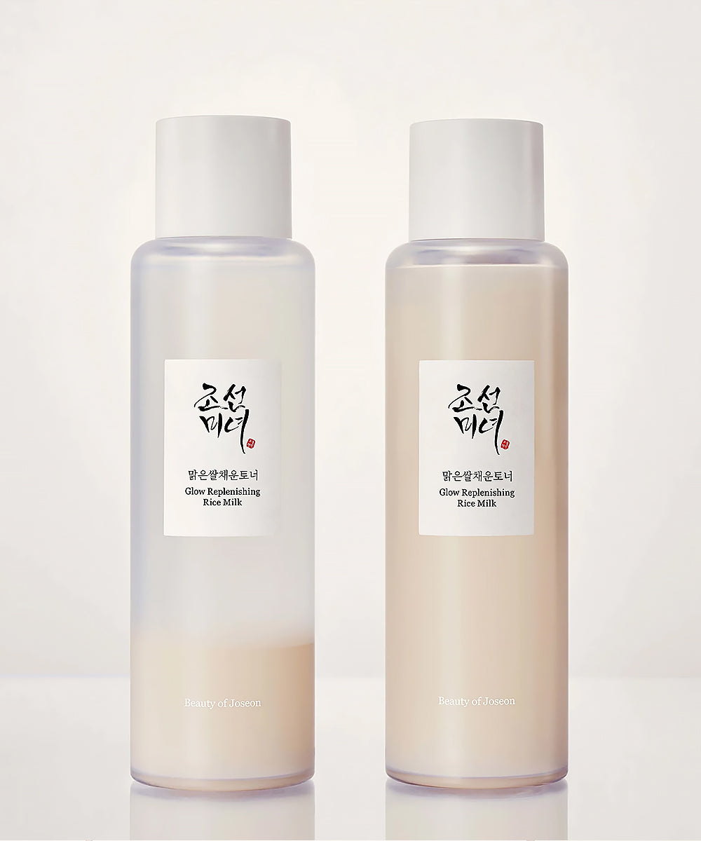 Two bottles of 'Beauty of Joseon' rice milk on a white background