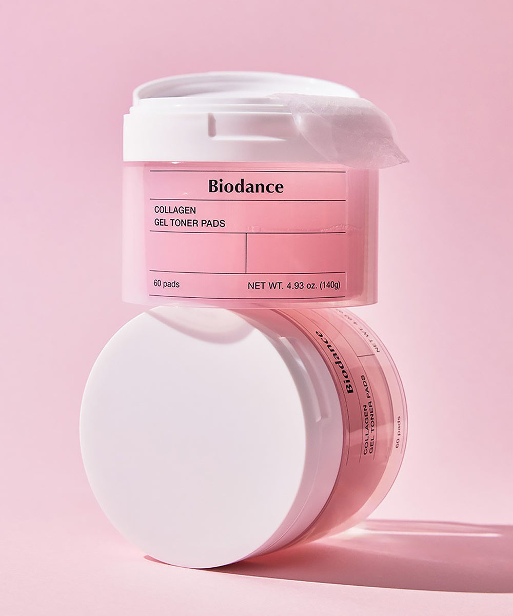 Biodance collagen gel toner pads on a pink background