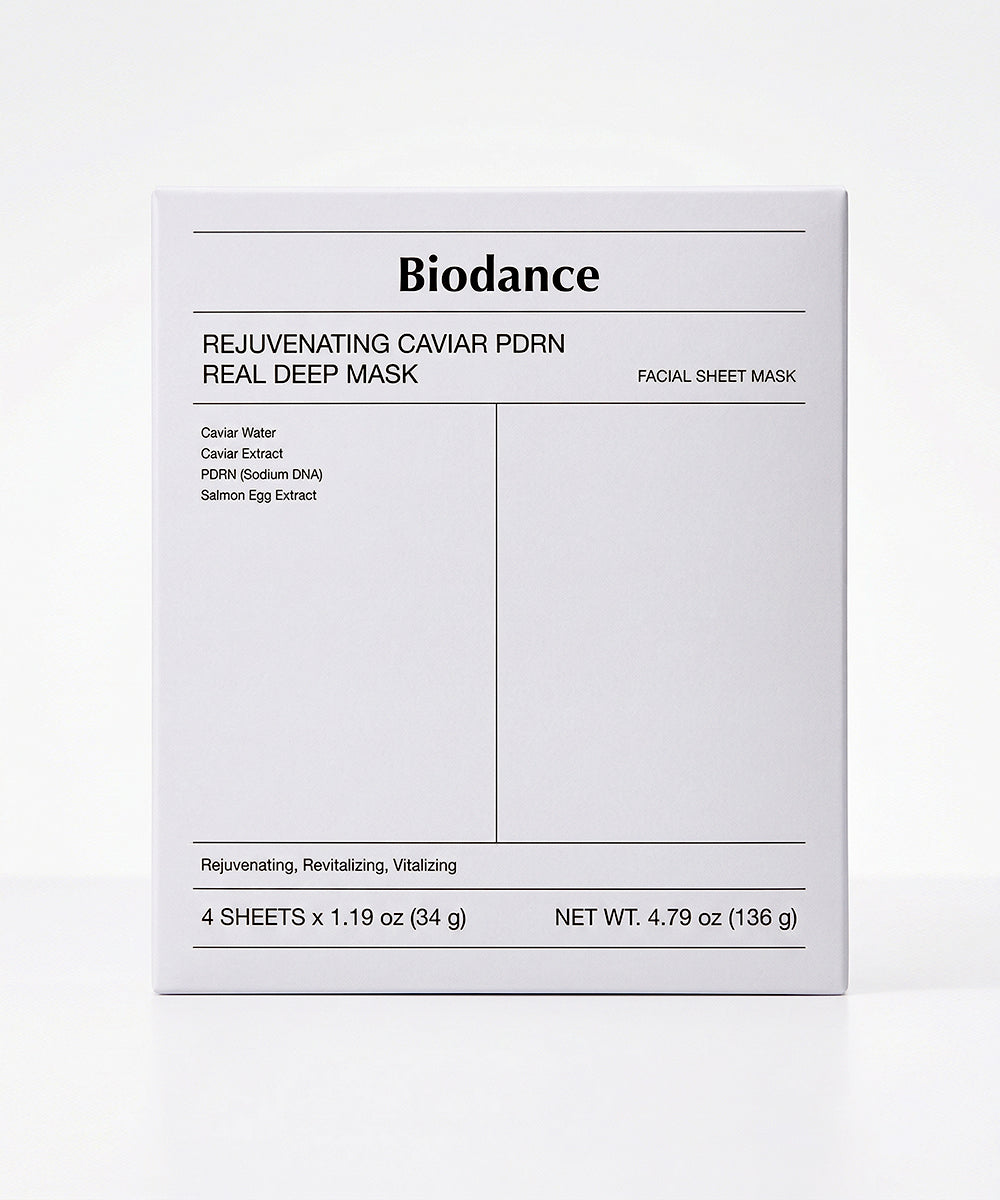 A front-facing, minimalist white box of Biodance Rejuvenating Caviar PDRN Real Deep Masks listing key ingredients like Caviar Extract and PDRN.