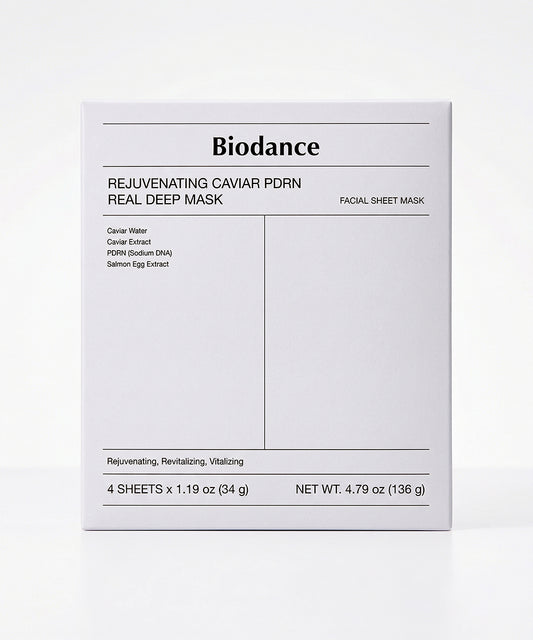 A front-facing, minimalist white box of Biodance Rejuvenating Caviar PDRN Real Deep Masks listing key ingredients like Caviar Extract and PDRN.