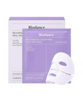 A product display showing the white box, a purple sachet, and a 3D-rendered white hydrogel mask cutout.