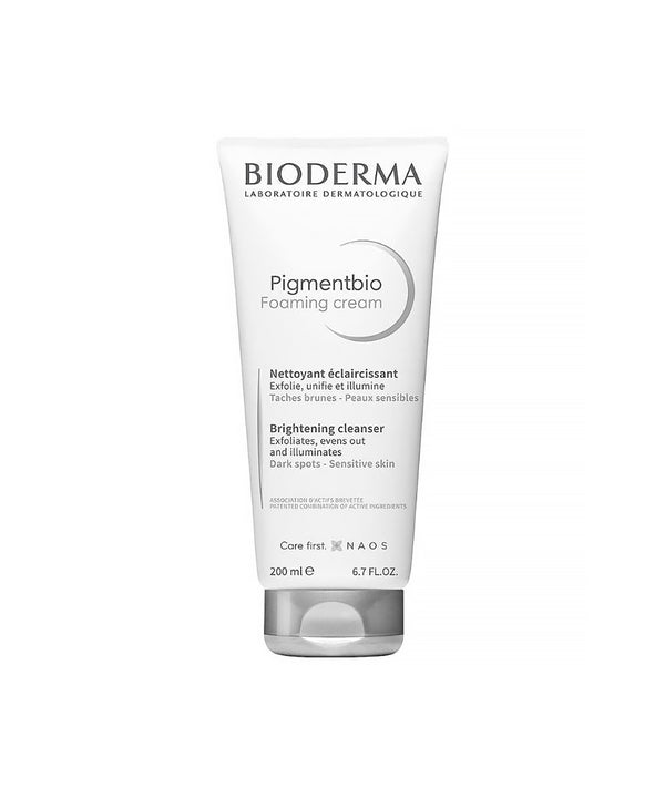 Product shot of a 200ml tube of Bioderma Pigmentbio Foaming Cream, a brightening cleanser for sensitive skin, standing upright against a plain white background