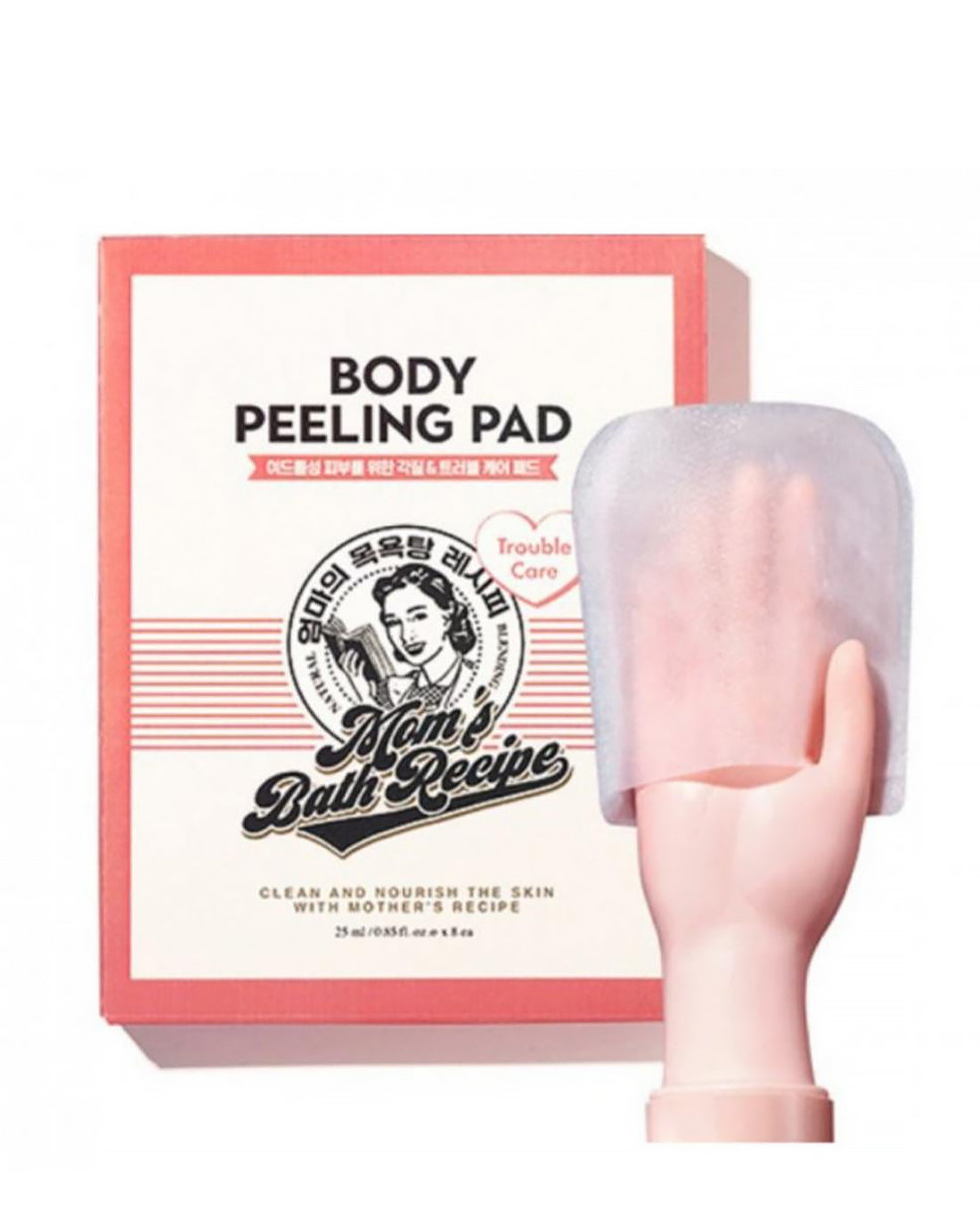 Body peeling pad with packaging featuring 'Mom's Bath Recipe' on a white background
