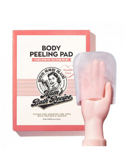 Body peeling pad with packaging featuring 'Mom's Bath Recipe' on a white background