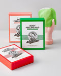 Body peeling pad packaging with a green pad on a gray background