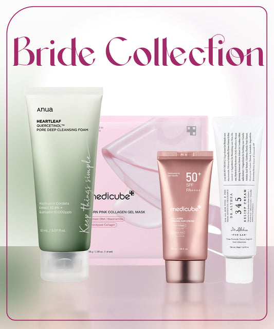 Skincare products with 'Bride Collection' text on a pink background
