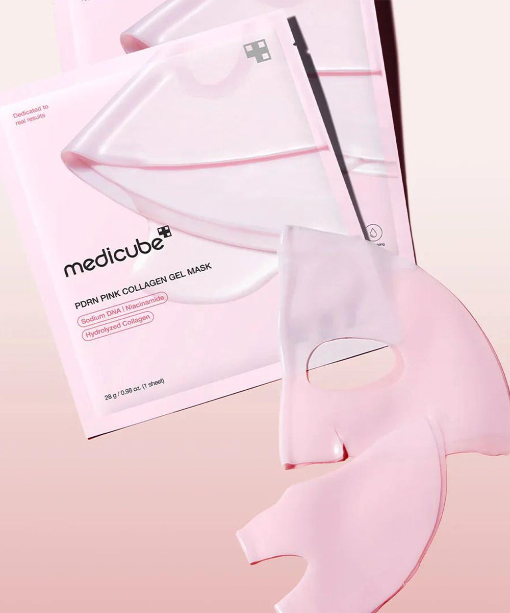 Pink collagen gel mask with packaging on a light pink background