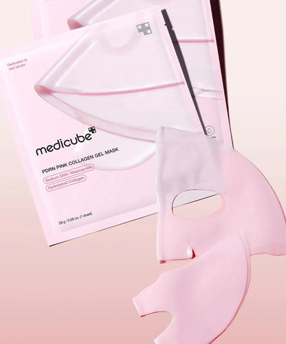 Pink collagen gel mask with packaging on a light pink background