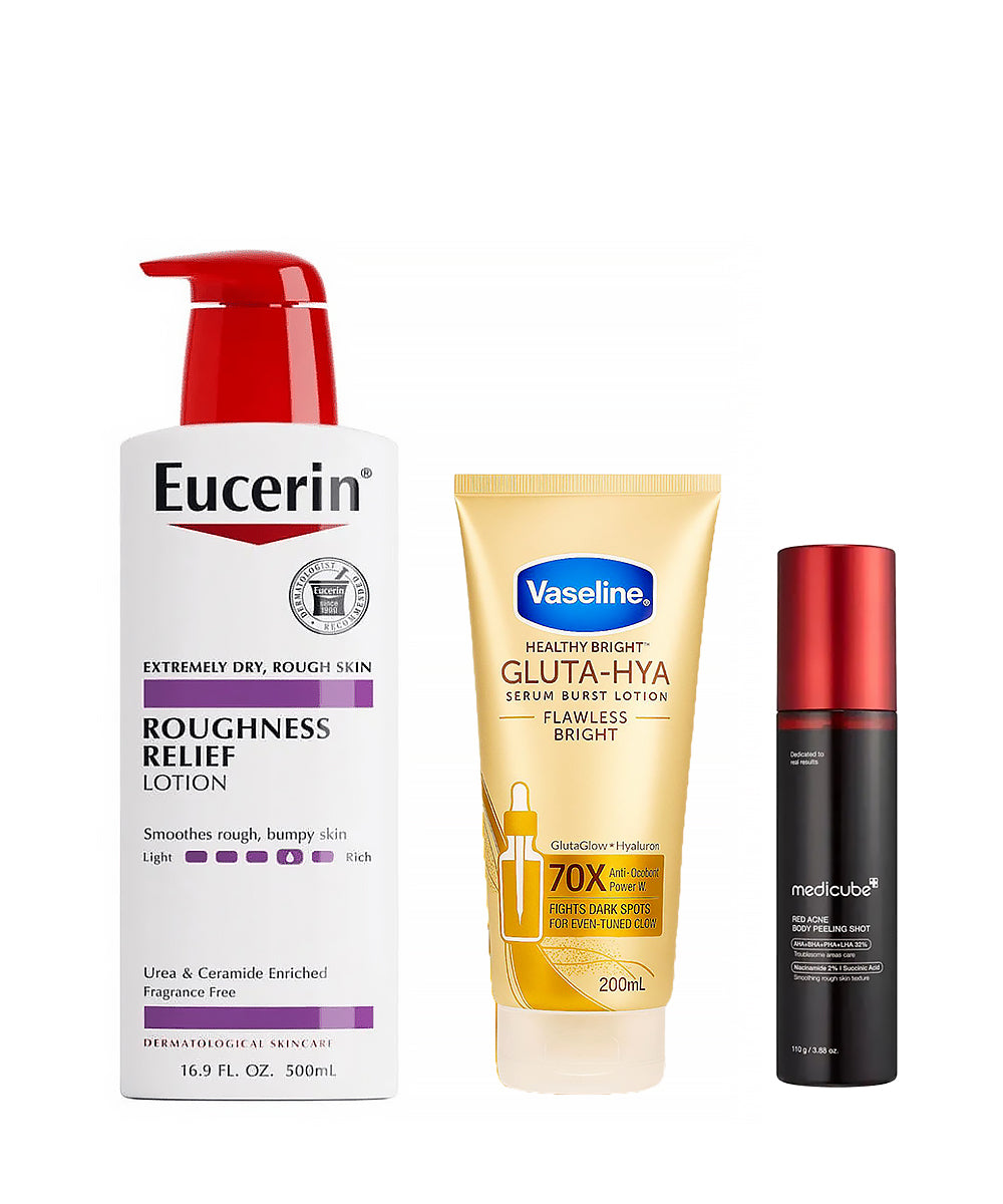 Three skincare products from Eucerin, Vaseline, and Medicube on a white background