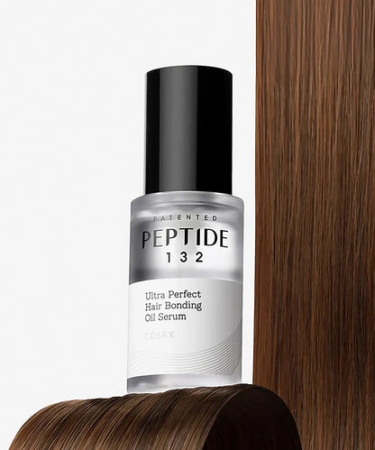 Peptide 132 hair serum bottle with a wooden background