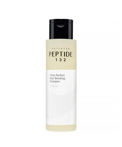 Shampoo bottle labeled 'Patented Peptide 132' on a white background