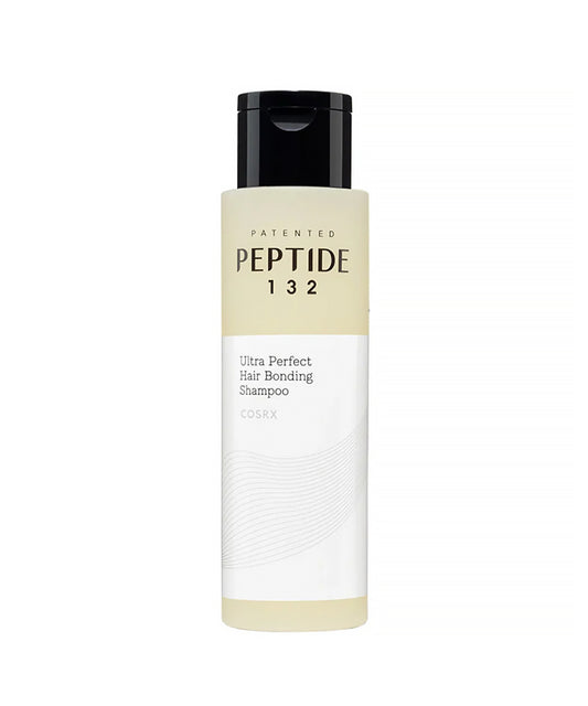 Shampoo bottle labeled 'Patented Peptide 132' on a white background