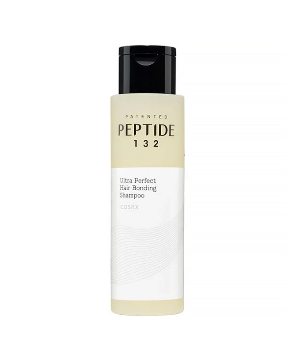 Shampoo bottle labeled 'Patented Peptide 132' on a white background