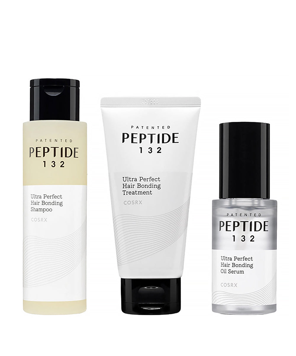 Three hair care products from the brand 'Peptide 132' on a white background