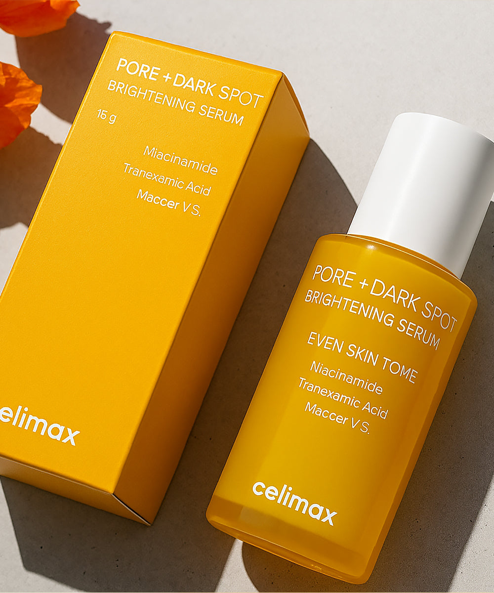 Celimax Pore + Dark Spot Brightening Serum bottle and packaging on a neutral background