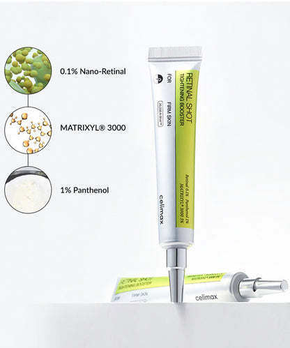 Celmax Retin Shot skincare product with ingredients displayed on a white background