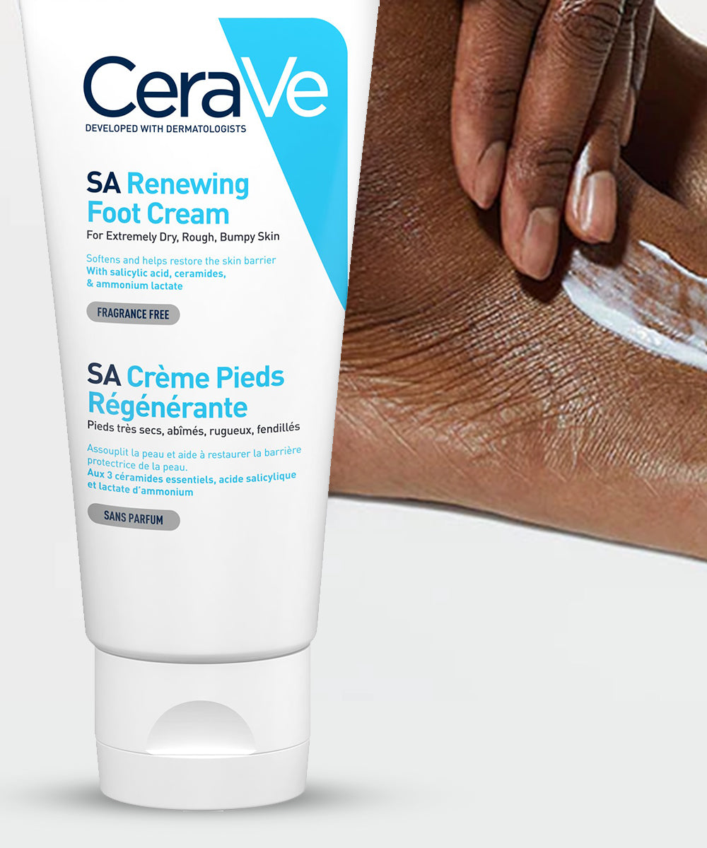 CeraVe SA Renewing Foot Cream with a close-up of a foot being applied on a white background