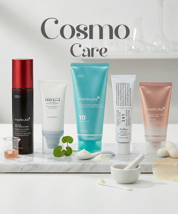 Collection of skincare products on a marble surface with 'Cosmo Care' branding.