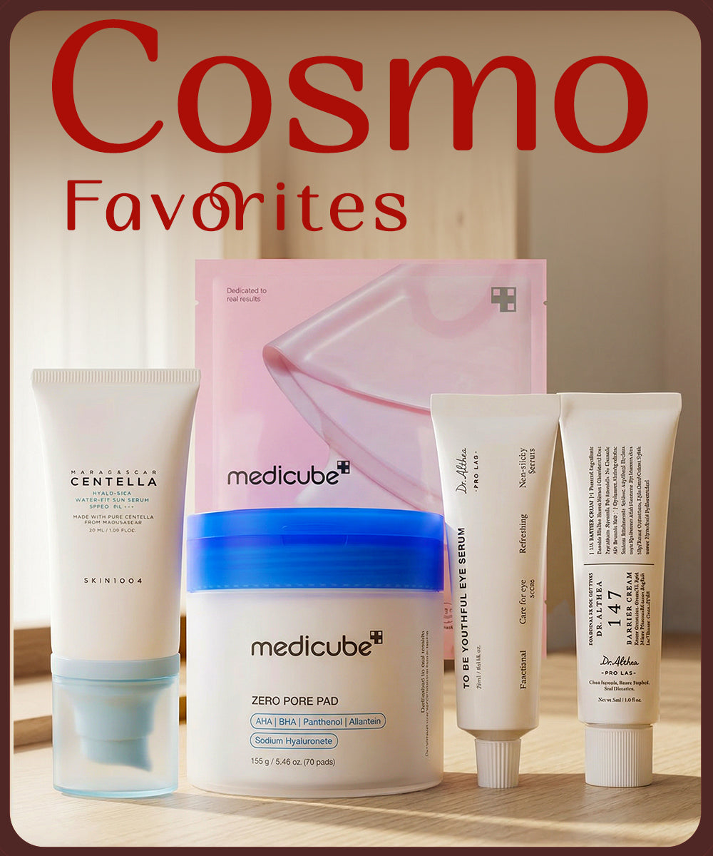 Cosmetic products with 'Cosmo Favorites' text on a wooden surface