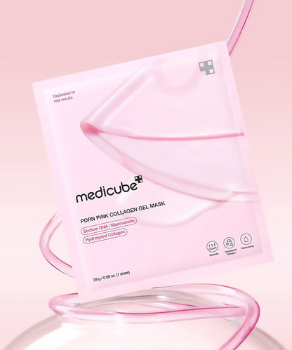 Pink collagen gel mask with Medicube branding on a pink background