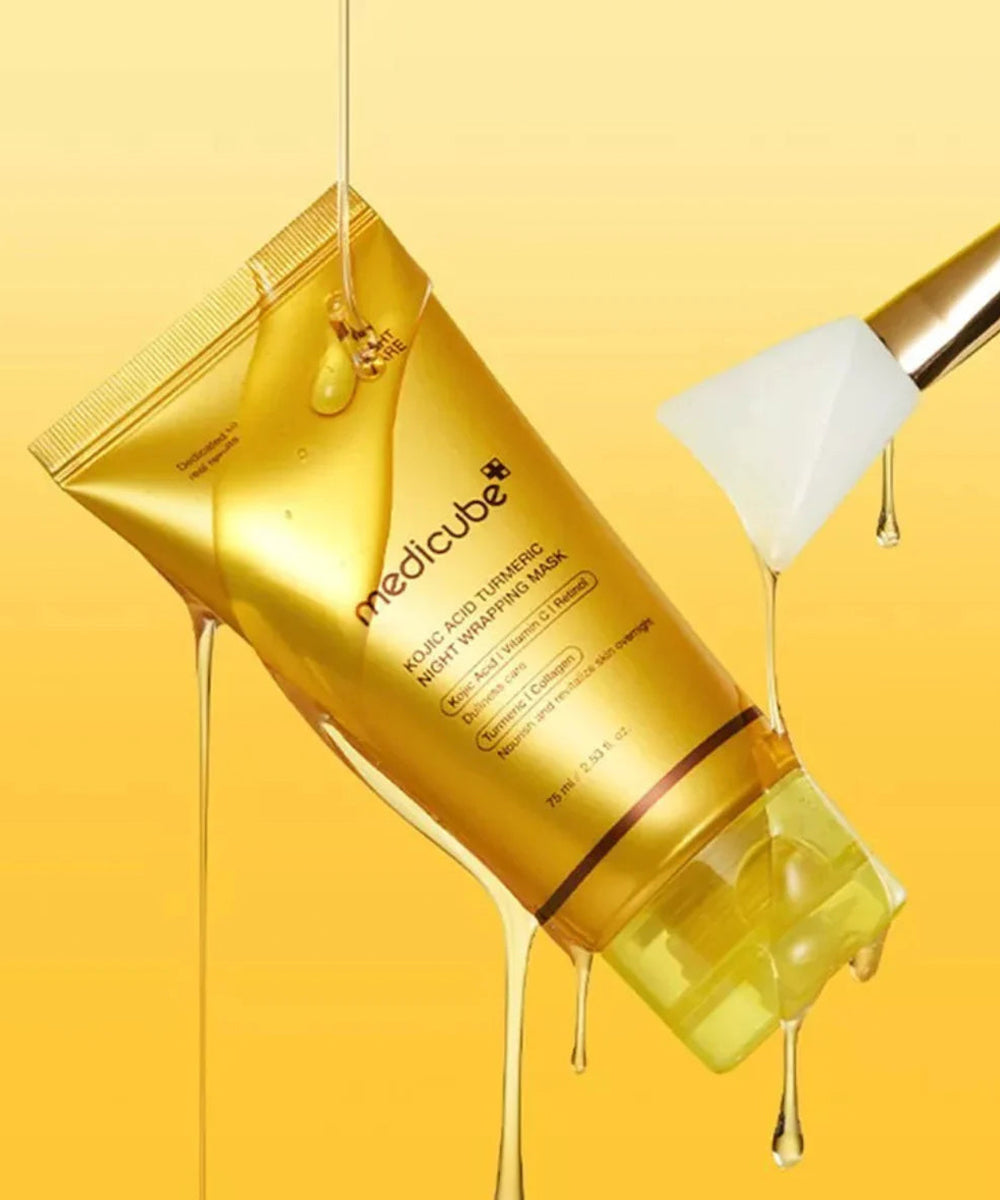 Medicube mask package with serum being applied on a yellow background