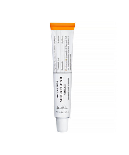 A sleek white tube of Dr.Althea Melaclear Cream featuring minimalist black text and a silver screw cap, isolated on a white background
