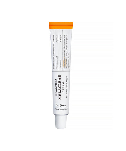 A sleek white tube of Dr.Althea Melaclear Cream featuring minimalist black text and a silver screw cap, isolated on a white background