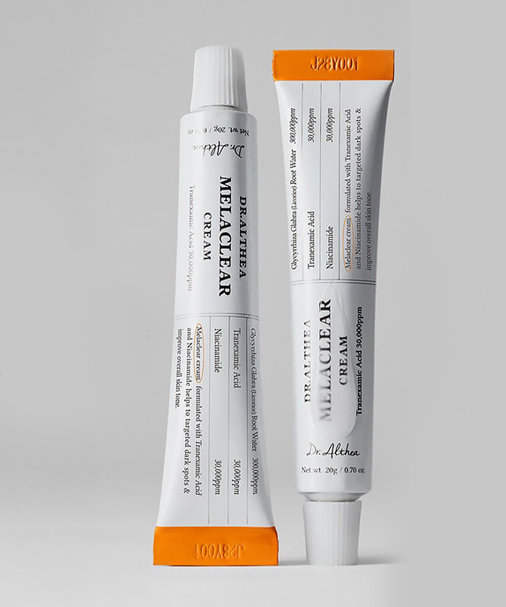 Detailed view of the Dr. Althea Melaclear Cream and packaging box, emphasizing the "Skin Brightening & Dark Spot Care" branding and premium design