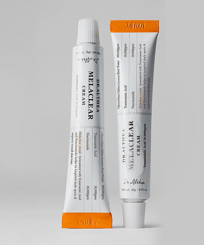Detailed view of the Dr. Althea Melaclear Cream and packaging box, emphasizing the "Skin Brightening & Dark Spot Care" branding and premium design