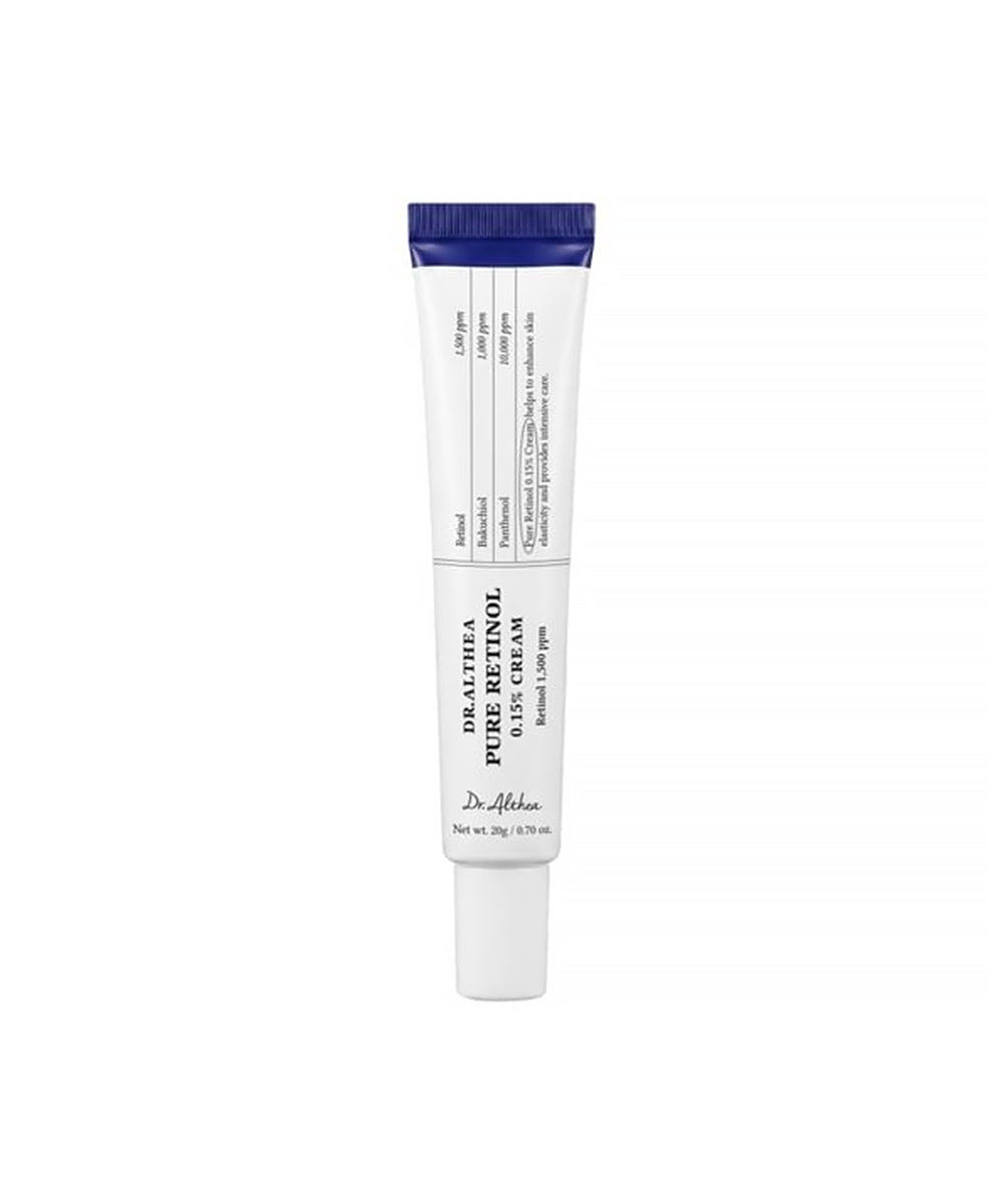 A professional studio shot of the Dr. Althea Pure Retinol 0.15% Cream tube and its matching white and yellow packaging box, displayed on a clean white background