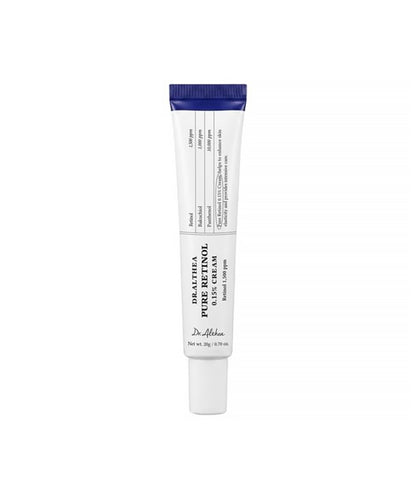 A professional studio shot of the Dr. Althea Pure Retinol 0.15% Cream tube and its matching white and yellow packaging box, displayed on a clean white background
