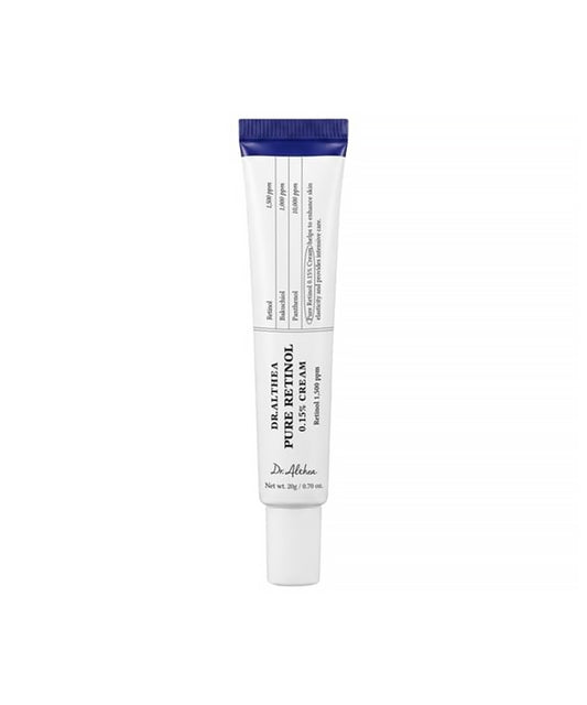 A professional studio shot of the Dr. Althea Pure Retinol 0.15% Cream tube and its matching white and yellow packaging box, displayed on a clean white background