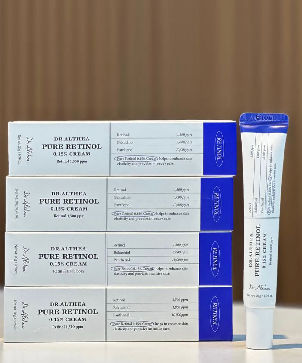Detailed view of the Dr. Althea Pure Retinol 0.15% Cream packaging, emphasizing the "Intensive Anti-Aging Care" branding and 30ml tube
