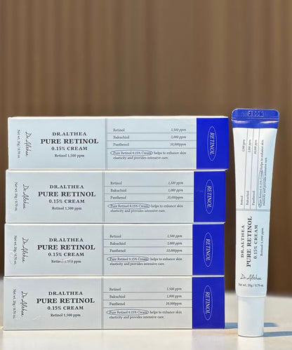 Detailed view of the Dr. Althea Pure Retinol 0.15% Cream packaging, emphasizing the "Intensive Anti-Aging Care" branding and 30ml tube