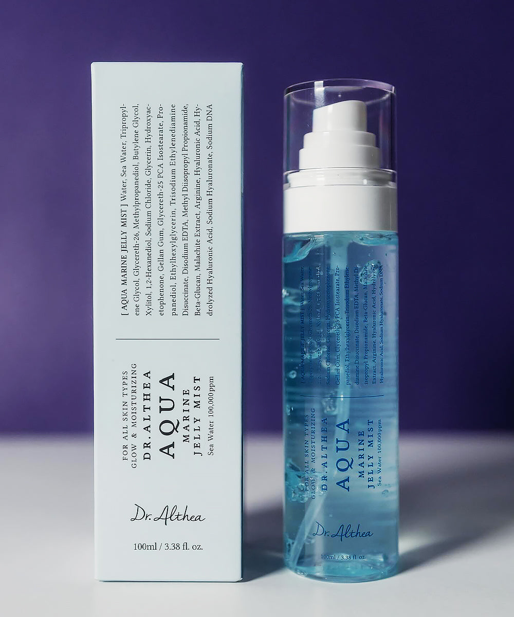 Dr. Althea Aqua Jelly Mist bottle and packaging on a purple background