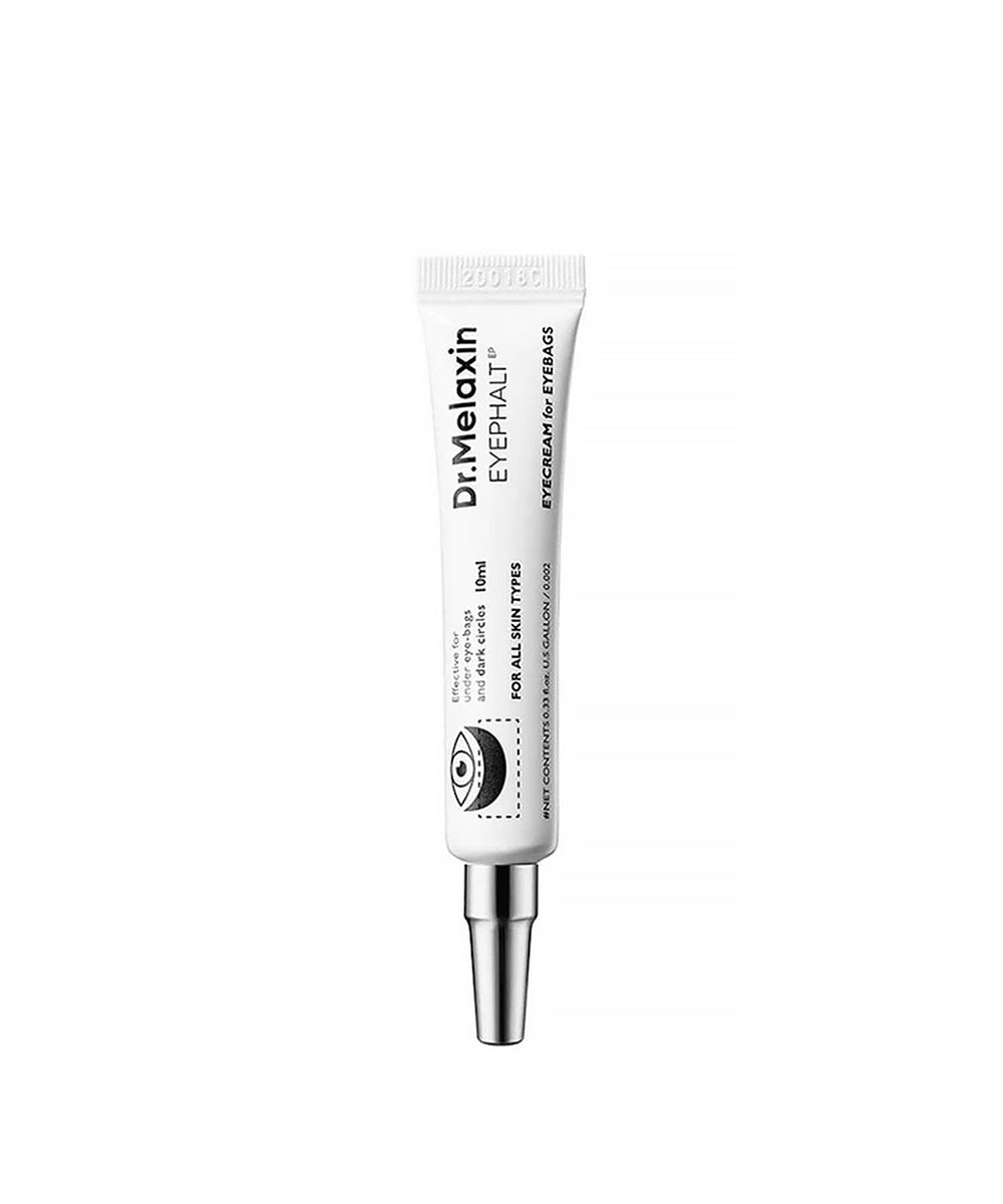 A clean studio shot of the Dr. Melaxin Eyephalt Eye Cream tube in yellow and white, alongside its matching packaging box, set against a minimalist white background