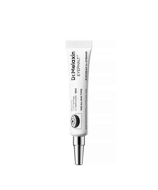A clean studio shot of the Dr. Melaxin Eyephalt Eye Cream tube in yellow and white, alongside its matching packaging box, set against a minimalist white background