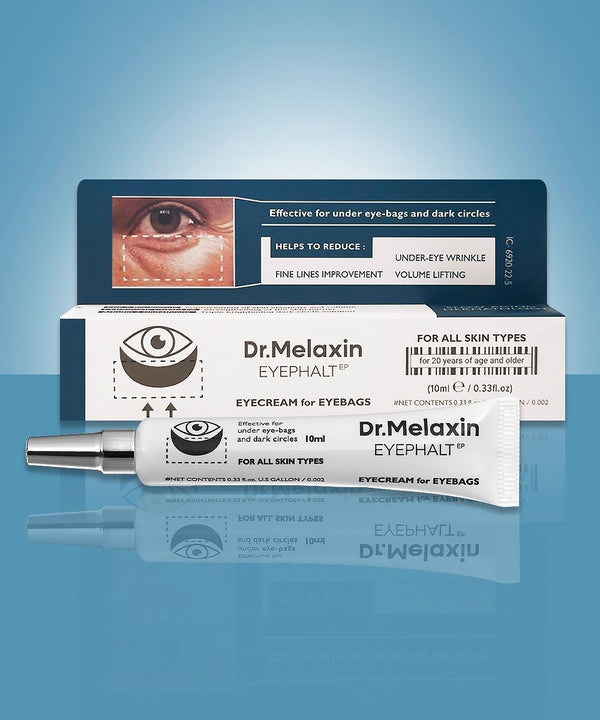 Aesthetic lifestyle shot of the Eyephalt Eye Cream tube resting on a textured gray stone surface, highlighting the product’s modern and medical-grade packaging