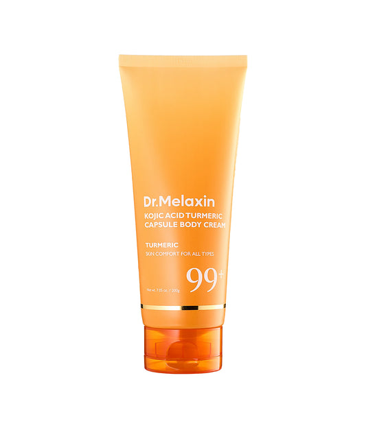 A professional studio shot of the Dr. Melaxin TX Kojic Acid Turmeric Capsule Body Cream 200ml tube and its yellow and white packaging box on a clean white background