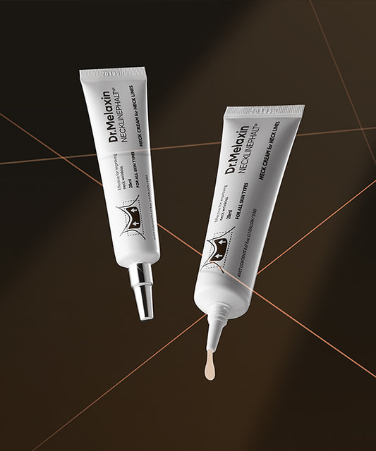 Dr. Melaxin neck cream tubes with applicator tip and serum drop on dark background