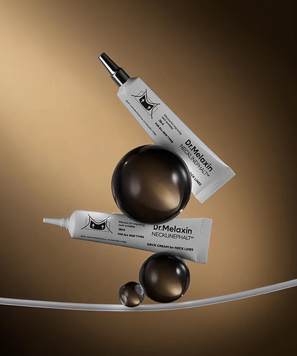 Dr. Melaxin Neckline Phalt cream tubes with metallic spheres, anti-aging neck care display