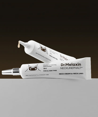 Dr. Melaxin neck cream tube with applicator and texture detail on minimal background