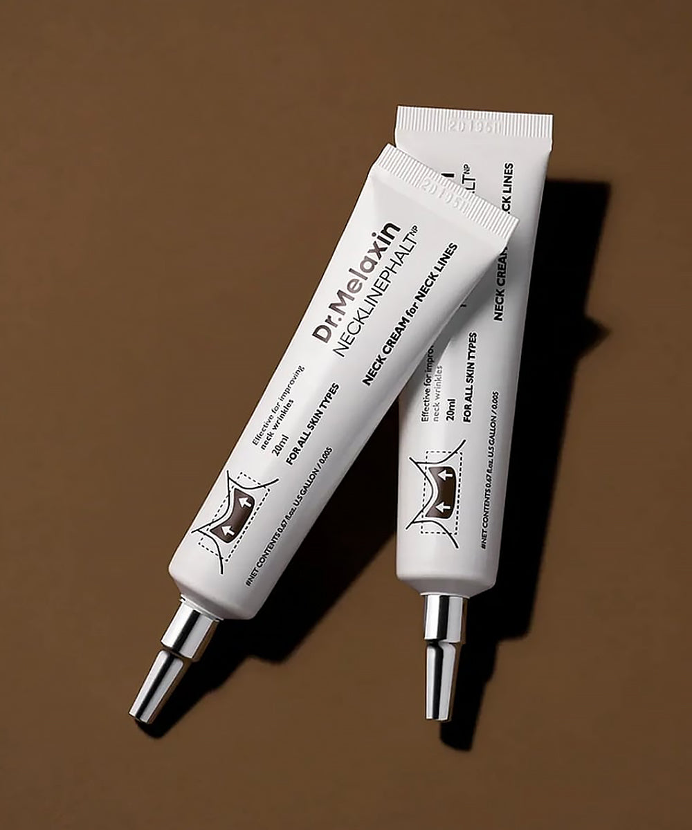Dr. Melaxin Neckline Phalt neck cream duo on brown background, firming skincare treatment