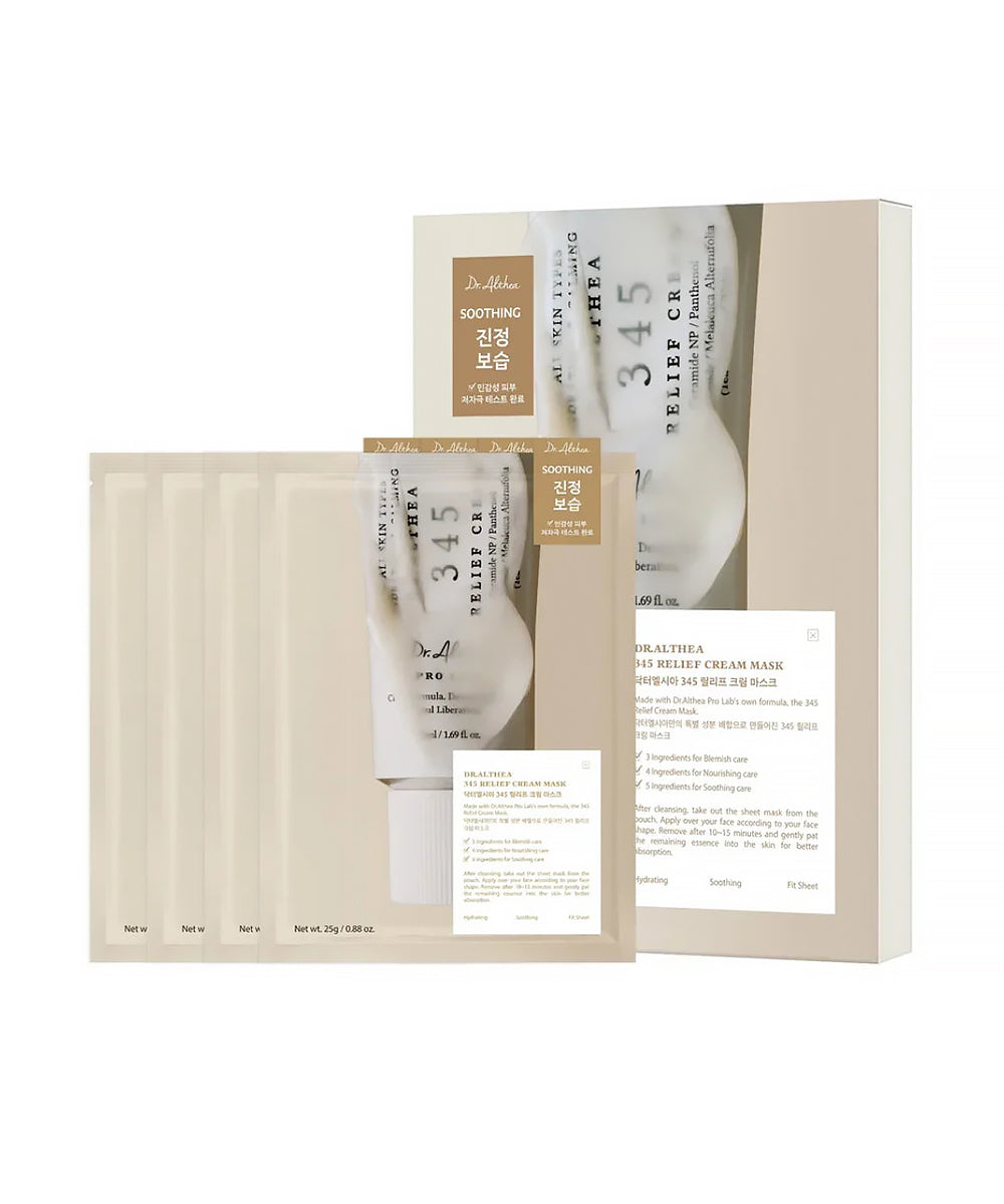 Front-facing studio shot of the Dr. Althea 345 Relief Cream Mask 5-piece retail box and a single sheet mask packet, featuring clean, minimalist white and green branding