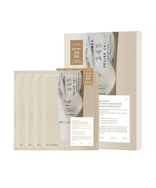 Front-facing studio shot of the Dr. Althea 345 Relief Cream Mask 5-piece retail box and a single sheet mask packet, featuring clean, minimalist white and green branding