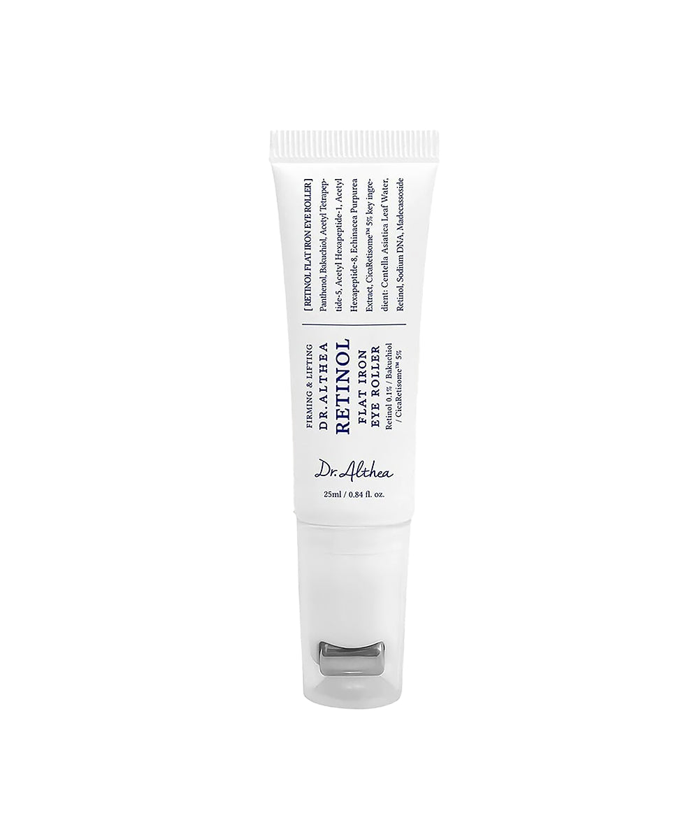 Front-facing studio shot of the Dr. Althea Retinol Flat Iron Eye Roller (25ml) in a white tube, featuring a unique metal cooling applicator and key ingredients like Bakuchiol and CicaRetisome