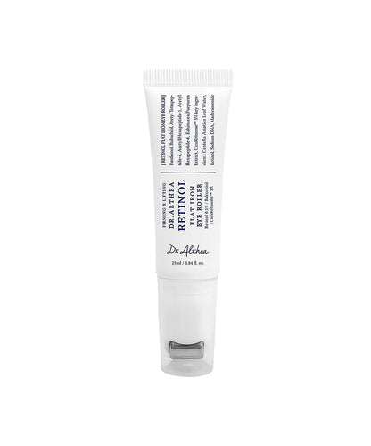 Front-facing studio shot of the Dr. Althea Retinol Flat Iron Eye Roller (25ml) in a white tube, featuring a unique metal cooling applicator and key ingredients like Bakuchiol and CicaRetisome