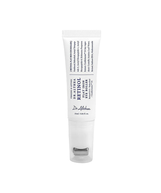 Front-facing studio shot of the Dr. Althea Retinol Flat Iron Eye Roller (25ml) in a white tube, featuring a unique metal cooling applicator and key ingredients like Bakuchiol and CicaRetisome
